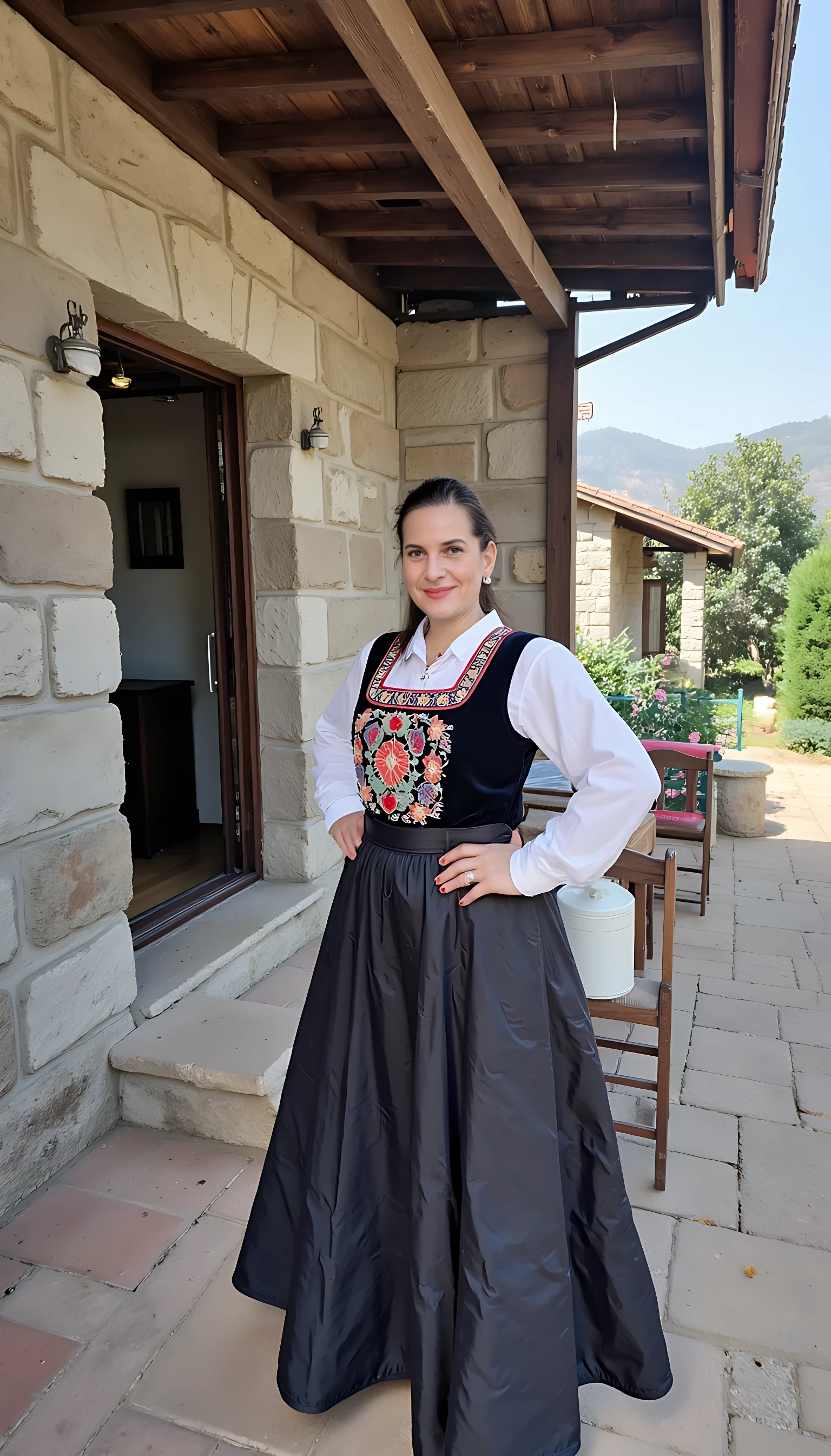 photo of brunette woman CSTMDL shy smile, showing small puffy saggy tits out in turkish historical national costume in turkish village