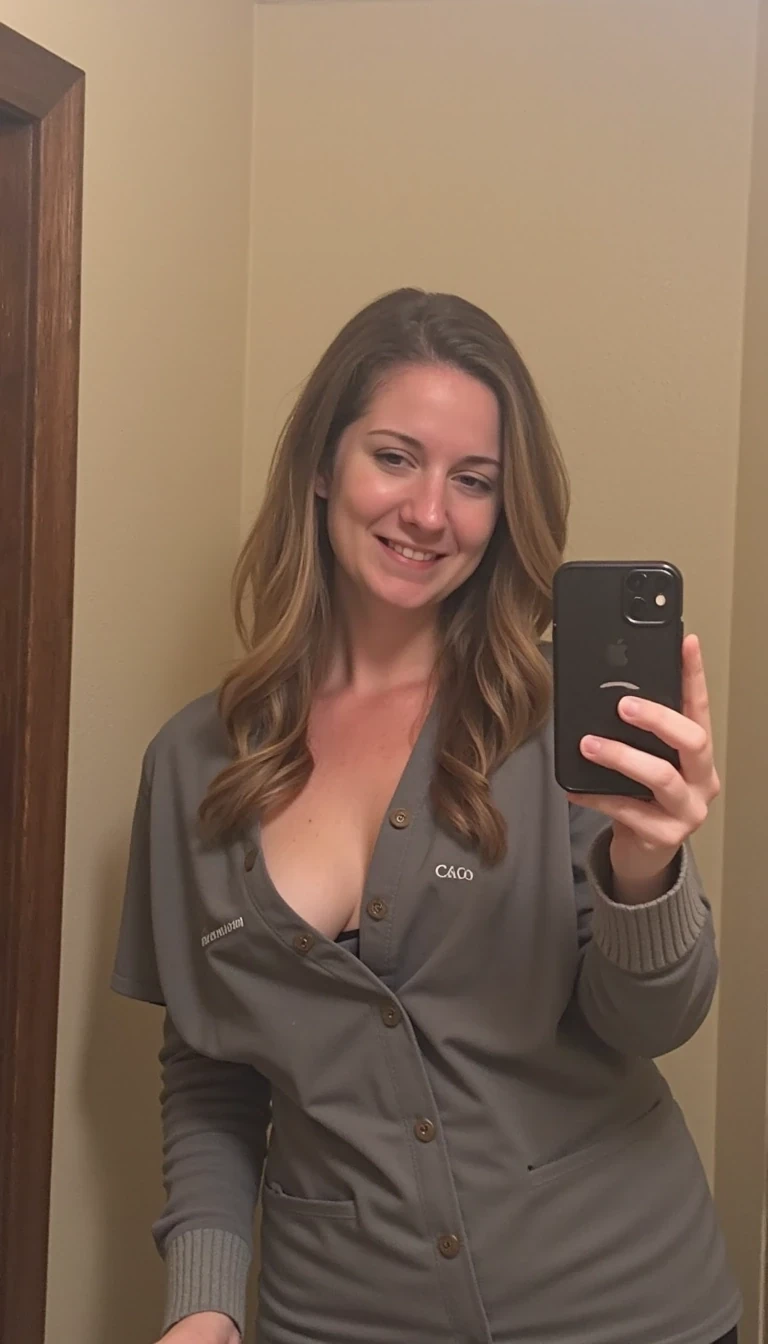 iphone 15 mirror selfie of 30s woman CSTMDL with long sandy brown hair in single person public bathroom. She is wearing scrubs. She is pulling her shirt up to reveal her breasts. The iPhone is black