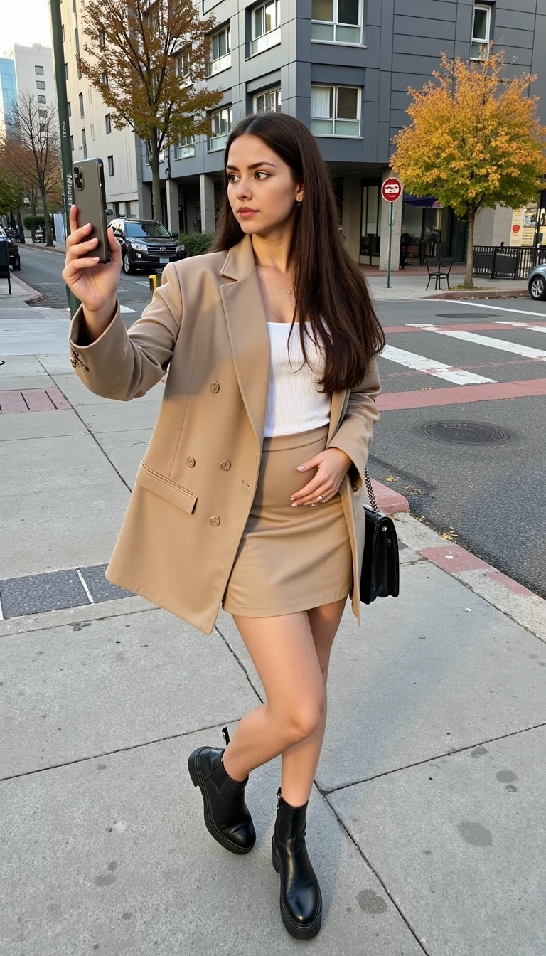 CSTMDL, 18-year-old brunette with long straight hair takes a selfie on the street, wearing a beige oversized blazer, mini skirt, and boots. Urban background, autumn vibe, natural amateur photo.