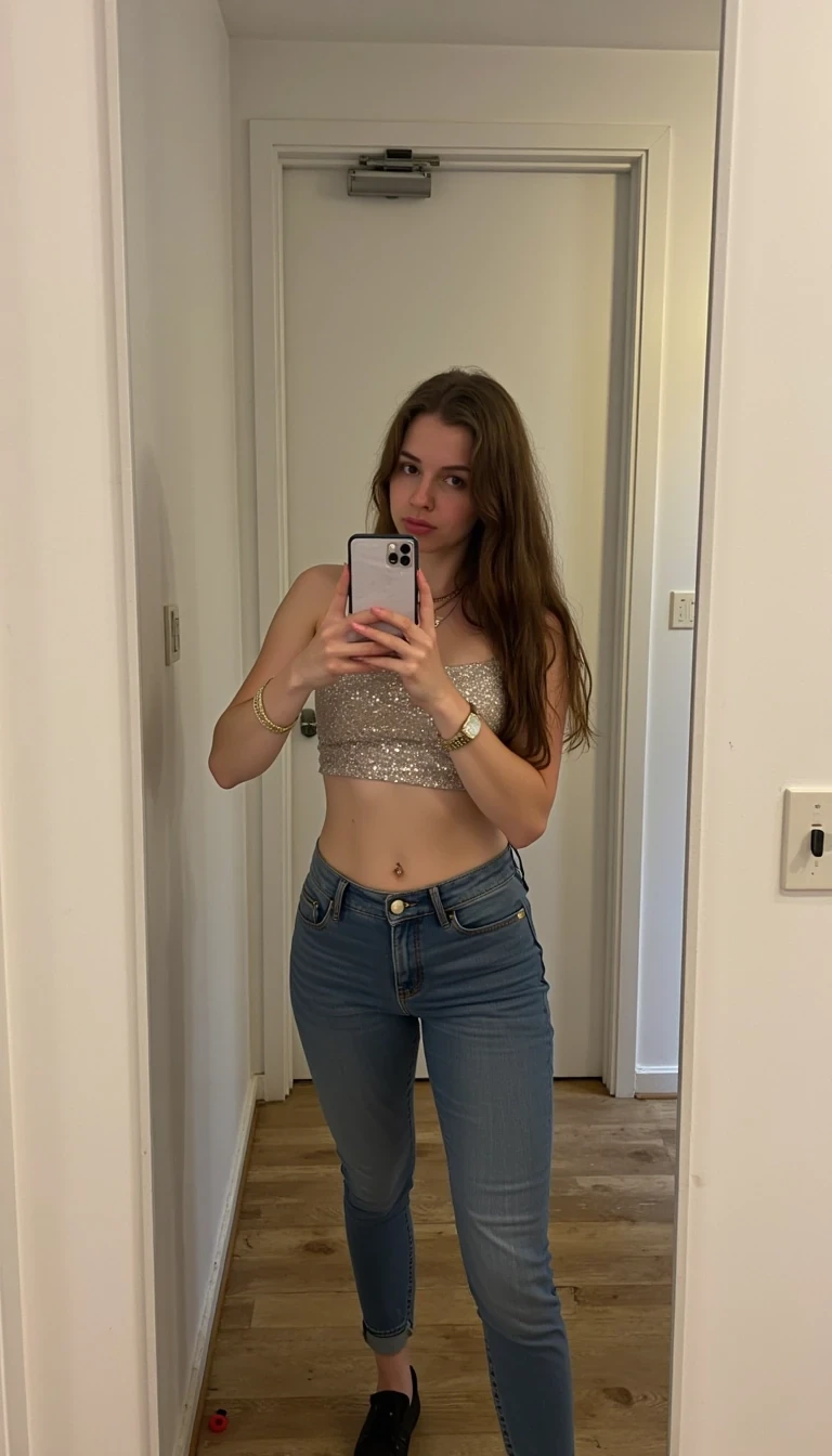 macht ein foto cstmdl vor einem spiegel in jeans und einem top bauchfrei in einer schönen pose