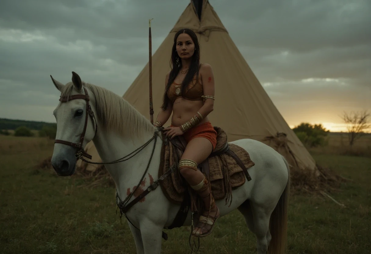 Medium shot photo of a beautiful 25-year-old slim athletic Native American woman warrior with small petite A cup breasts, wearing native American Regalia, posing stoically in front of a round native American plains style tipi. Set under dim natural sunrise light. The sun has barely begun to peek over the horizon. The image has a dull color palette, with the greenery of the ground around the tipi being dark green and browns cast with shadows and dull gray sky meets the sunrise on the horizon enhancing the moody atmosphere. The woman, who is Native American in appearance, has a slim athletic build and petite tiny breasts. She is wearing a traditional smoked hide native American Regalia outfit, it resembles a hard bone material bra and smoked hide leather panties, it is golden smoked hide brown in color. She is wearing bone and leather vambraces on her forearms and leather wraps around her shins. You can still see her entire leather bra and panties. She is wearing smoked hide moccasins on her feet. Her hair is Native American styled with 2 long braids. She is riding a top of a native American warhorse with the reins gripped in one hand and a tomahawk in the other. The horse is adorned in traditional native American warhorse garb. The horse is tall and white, with spots ofbred warpaint. She has a primitive archery bow and a bundle of arrows in a native American style quiver on her back. The woman is looking directly at the camera stoically without any other expression. She has red warpaint on her body and face. There is no explicit nudity visible. Cinematic shooting style. Romantic setting