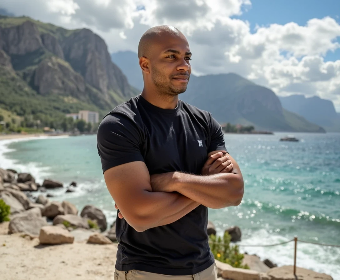 Magazine shoot, luxury travel  ,  t shirt and khakis,  same face of Carter with bald head, lean look, cstmdl