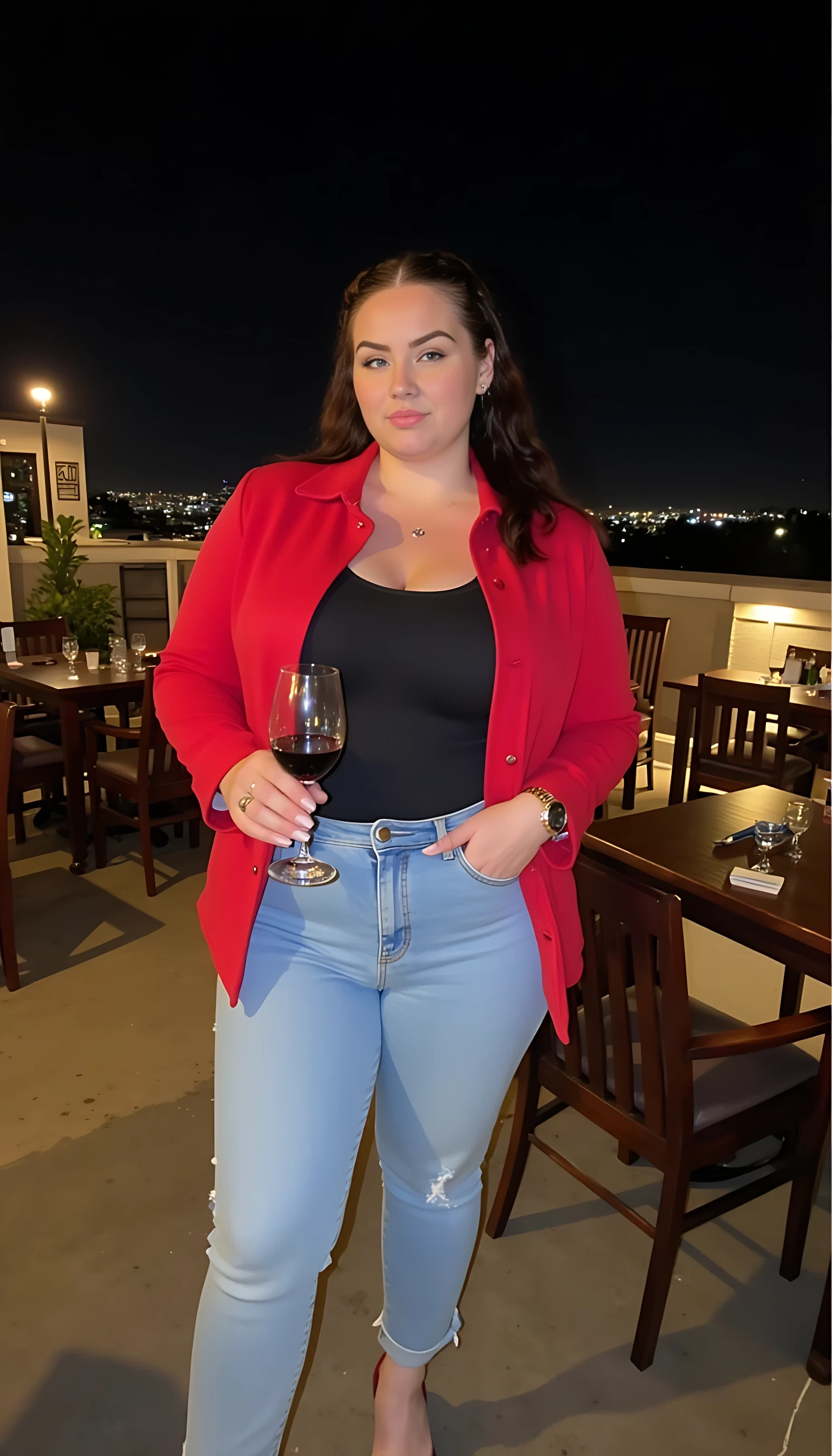  CSTMDL women curby body  blue eyes wearing light blue jeans and  red Ferrari jacket and Black undershirt red high heels wearing a rolex watch standing  smiling on a nice rooftop restaurant  with a glass of wine  night light background 