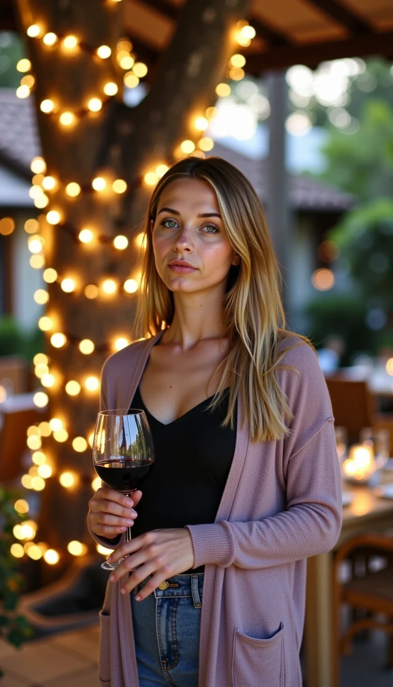 A full body shot photo of a woman standing outdoors at a cozy, warmly lit patio in the evening, with soft, glowing lights wrapped around a tree behind them creating a charming atmosphere. The image is rich in detail, with warm tones and clear textures throughout. The woman has fair skin, a slim build, and long reddish-blonde hair, also worn loose. She is smiling warmly at the camera, holding a glass of red wine in her right hand, and wears a soft-textured lavender cardigan over a black top. The background features a large tree with sparkling string lights wrapped around its trunk and branches, adding a magical touch to the scene. The setting suggests a private outdoor seating area, with elements like terracotta-tiled roofing, greenery, and rattan chairs contributing to a serene, inviting vibe. The overall composition is balanced, with the woman framed against the softly glowing tree, and the lighting enhances the warm, intimate feel of a quiet evening shared among friends. The details are vivid, with textures of clothing, skin, and background elements clearly visible, while the warm lighting creates a relaxed and joyful mood
