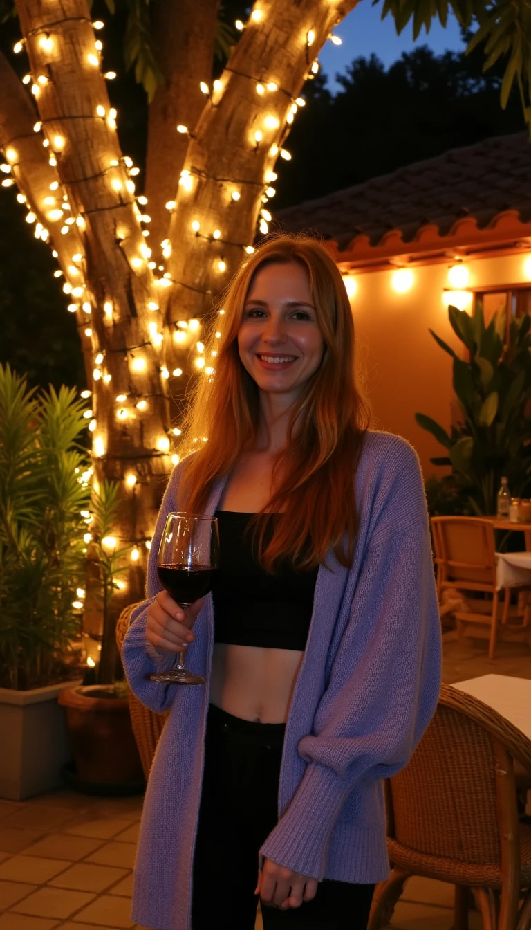 A full body shot photo of a woman standing outdoors at a cozy, warmly lit patio in the evening, with soft, glowing lights wrapped around a tree behind them creating a charming atmosphere. The image is rich in detail, with warm tones and clear textures throughout. The woman has fair skin, a slim build, and long reddish-blonde hair, also worn loose. She is smiling warmly at the camera, holding a glass of red wine in her right hand, and wears a soft-textured lavender cardigan over a black top. The background features a large tree with sparkling string lights wrapped around its trunk and branches, adding a magical touch to the scene. The setting suggests a private outdoor seating area, with elements like terracotta-tiled roofing, greenery, and rattan chairs contributing to a serene, inviting vibe. The overall composition is balanced, with the woman framed against the softly glowing tree, and the lighting enhances the warm, intimate feel of a quiet evening shared among friends. The details are vivid, with textures of clothing, skin, and background elements clearly visible, while the warm lighting creates a relaxed and joyful mood