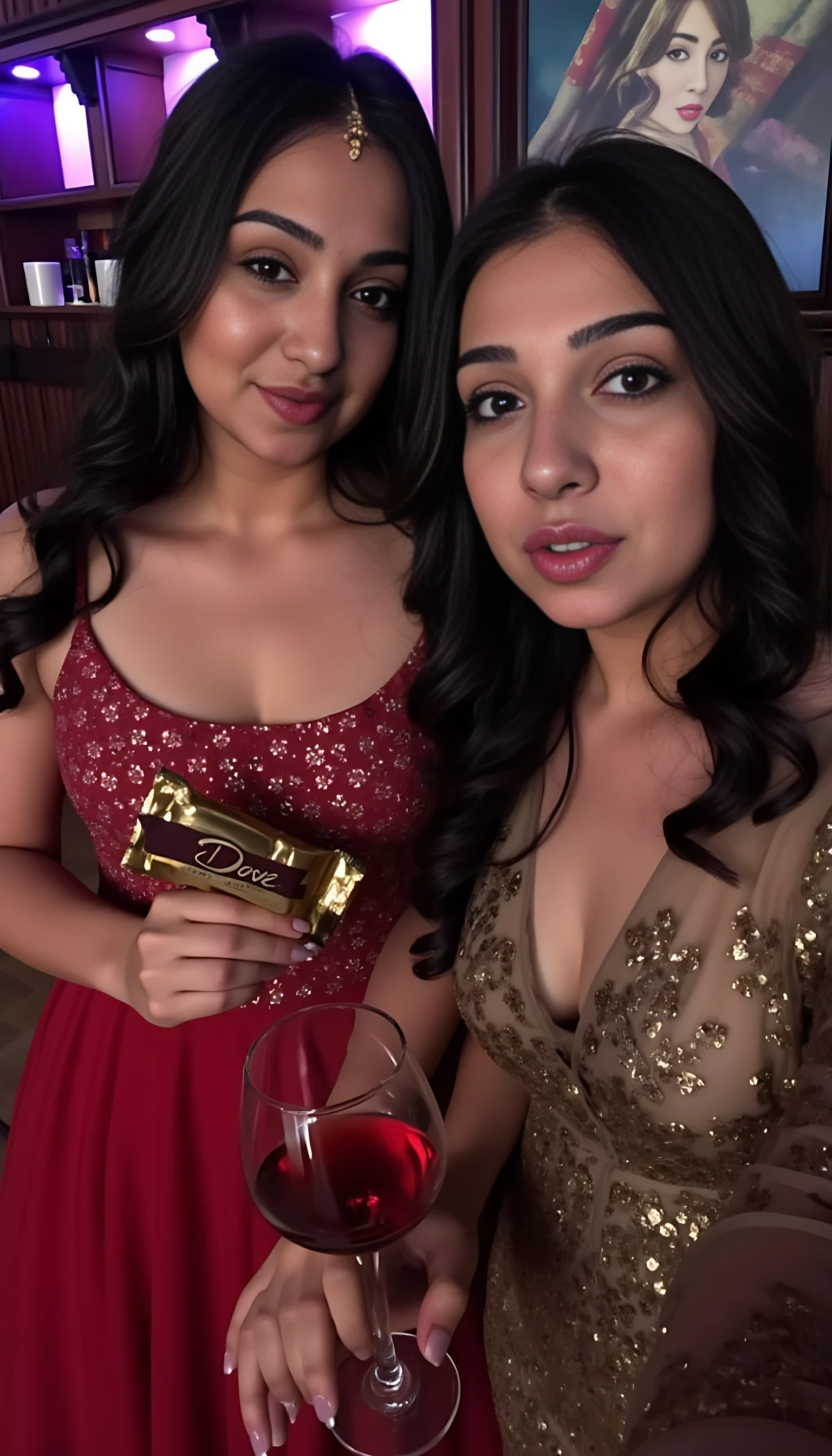 Photograph of two smiling young women in a dimly lit bar. The woman on the left wears a glittery red dress, holding a "Dove" candy bar, and the woman on the right, in a sequined dress, holds a glass of red wine. Background features neon lights, candles, and a framed painting.