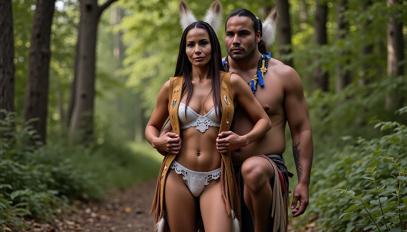 photo of woman CSTMDL, a medium shot photo of, a slim woman, her full body is in the scene, she has a slender petite build with petite small boobs and a flat chest, she has small dark skin nipples with long pointy nipple ducts and small dark skinned areolas, her hair is styled with two long braids she has eagle plumes in her hair, she is not wearing earrings, she is wearing daisy duke denim booty shorts, she is wearing a native American style vest in a golden yellow color over top of her underwear, her vest is open exposing her strapless bra, her bra is a strapless white lace bra, she is wearing white lace panties, she is wearing ankle height smoked hide moccasins, natural lighting, natural light, amateur photography, shot on an iPhone, she is standing with her legs spread wide apart in a densely wooded forest, she is maintaining intense eye contact with the camera, there is a giant native American fat man three times her height kneeling directly behind her holding onto gripping the woman's waistline, the man is holding her in front of him, the man is a real giant three times the height of an average male, public setting, Hyper realism, ultra-sharp focus, highly detailed, natural lighting, natural light, amateur photography,