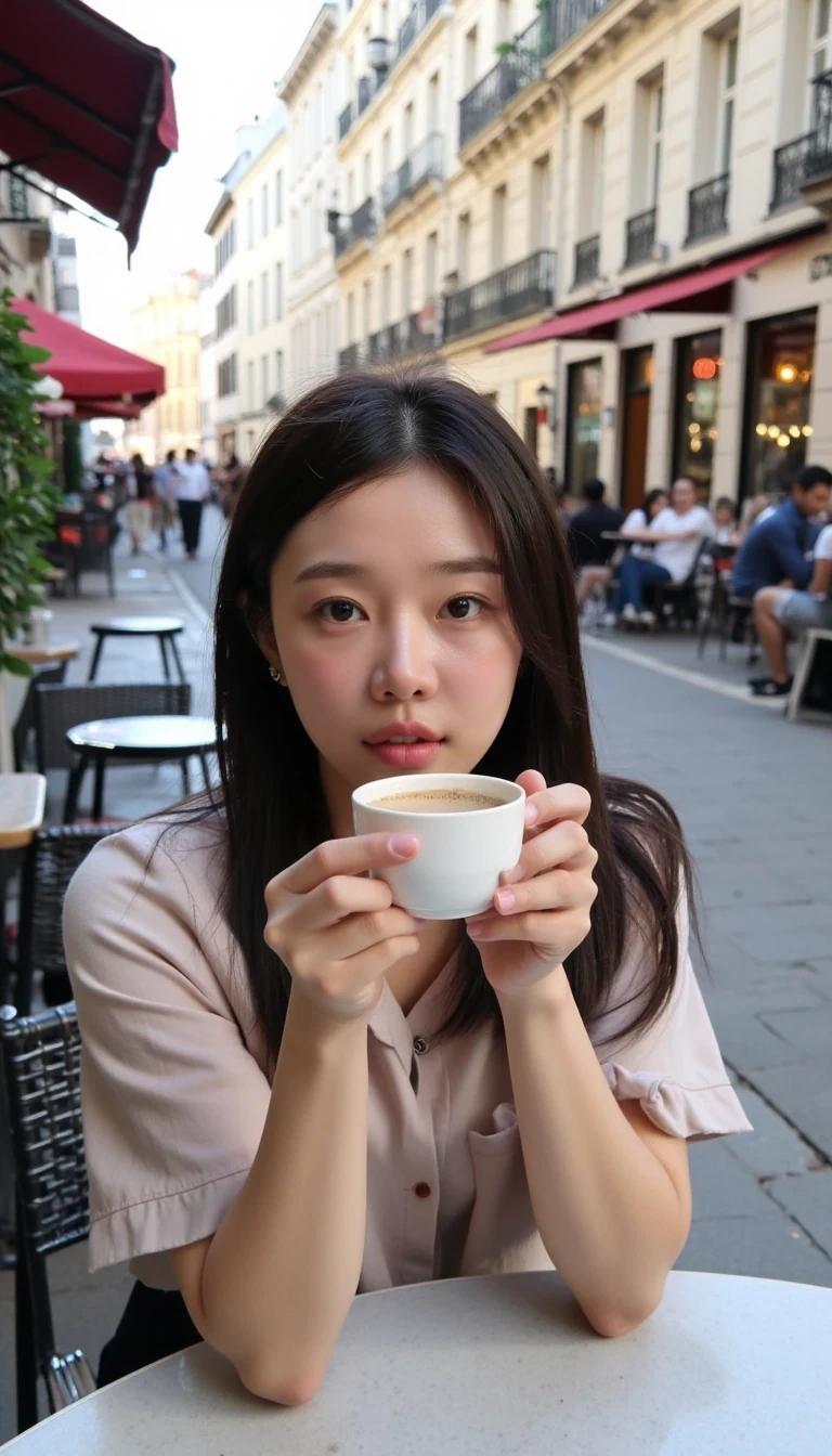 A young Asian woman sitting at a café terrace in Paris, cup of coffee. She is casually dressed, with a relaxed and content expression, enjoying the ambiance of the city. The background shows a typical Parisian street with café tables, buildings with French architecture. The scene is bathed in soft, natural sunlight, capturing a peaceful and charming Parisian moment