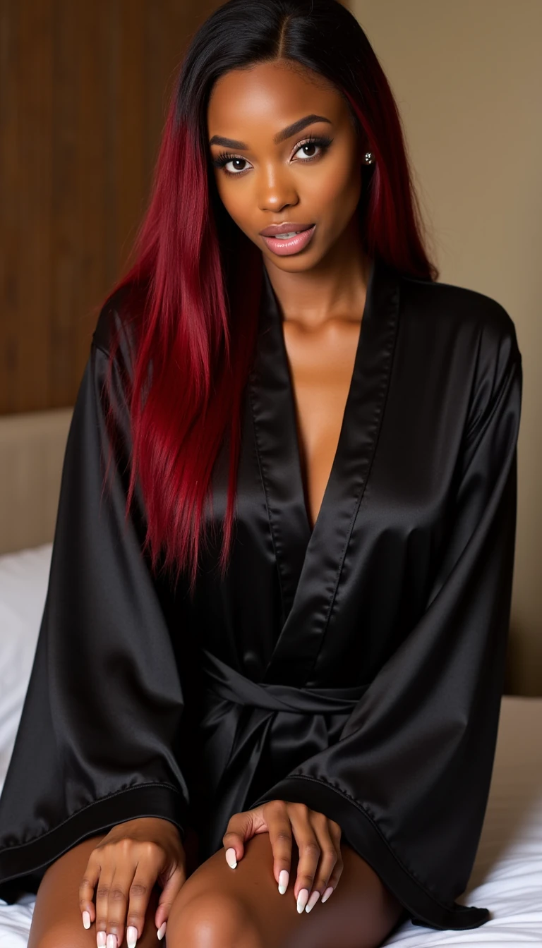 FeliciaAIInfluencer, beautiful African American woman, long straight 20-inch hair red with black highlights, light brown eyes, glossy lips with high-shine lip gloss, diamond stud earrings, fresh white pedicure, photorealistic, cinematic lighting, ultra-detailed, high resolution, 8k, wearing a silk black robe, showing part of her lingerie. She is sitting on the edge of the bed.