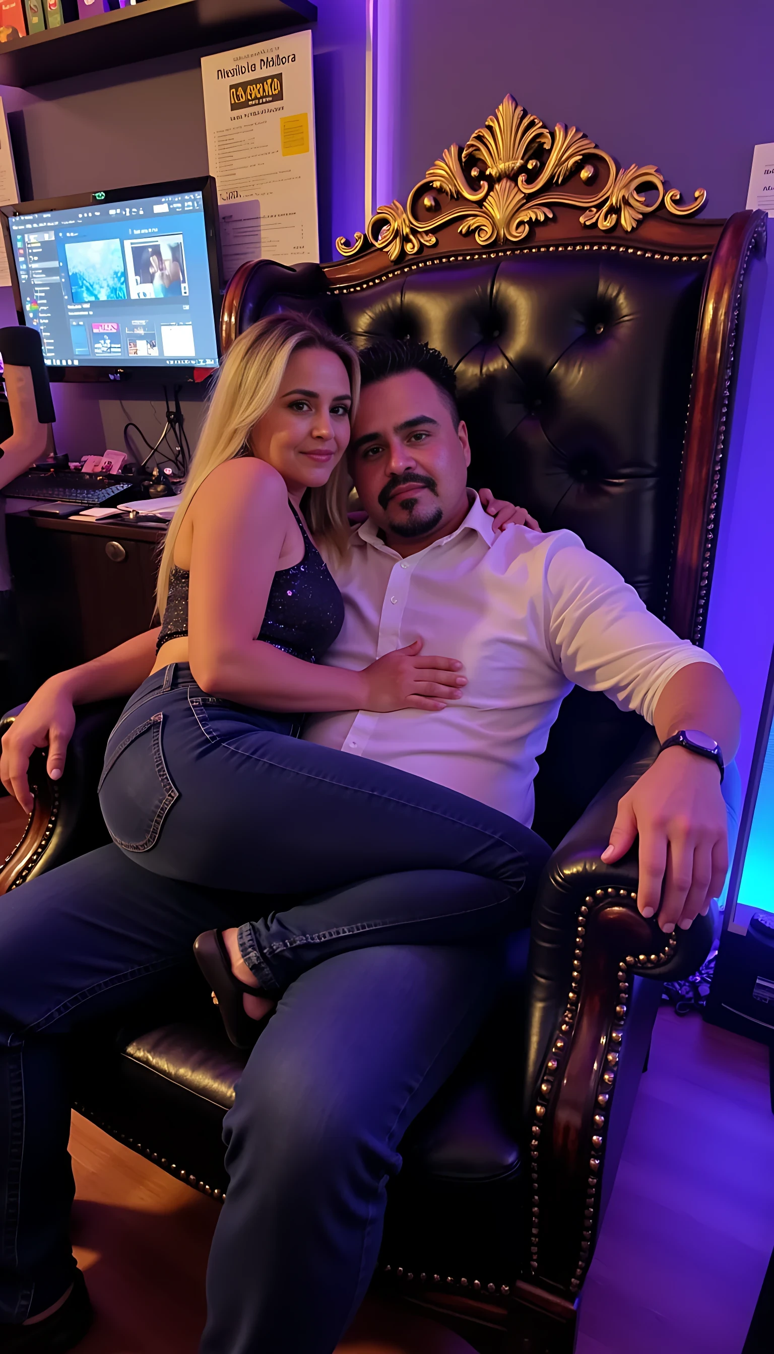 Man full average body seating on a king chair with a beautiful blonde woman with blue eyes wearing sexy jeans seating on his lab with a night club background 