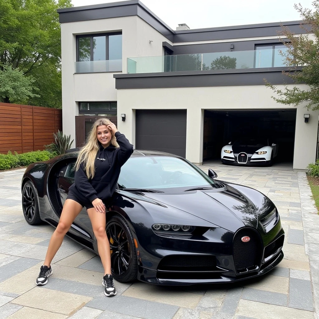 A photograph features a young woman with long soft blonde hair, a fit physique and tan skin, wearing a black hoodie, black shorts, and black-and-white sneakers. She sits on the hood of a black Bugatti Divo, one hand resting on her head, smiling. The car is parked in front of a massive luxury modern house with two closed garage doors and one open with a white Bugatti Veyron parked inside, there is a wooden fence and lush greenery surrounding the property.