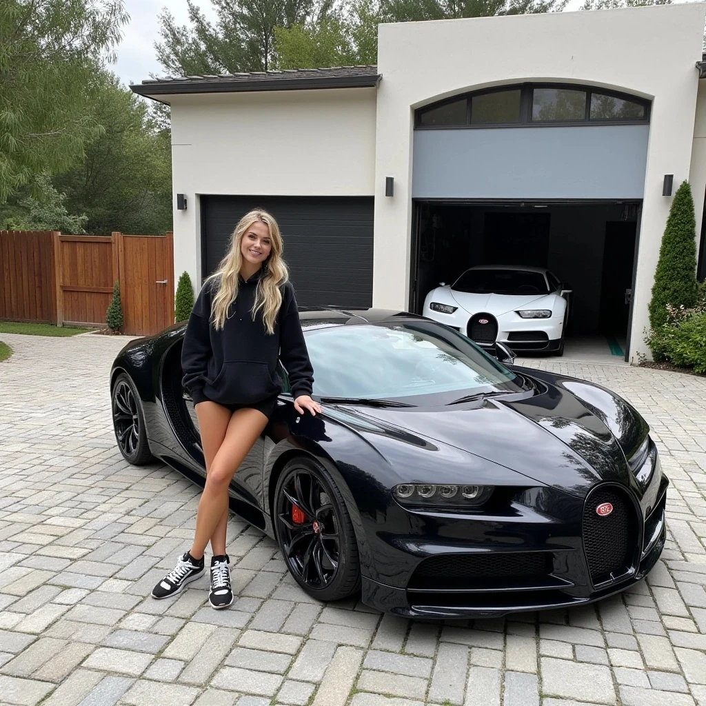 A photograph features a young woman with long soft blonde hair, a fit physique and tan skin, wearing a black hoodie, black shorts, and black-and-white sneakers. She sits on the hood of a black Bugatti Divo, one hand resting on her head, smiling. The car is parked in front of a massive luxury modern house with two closed garage doors and one open with a white Bugatti Veyron parked inside, there is a wooden fence and lush greenery surrounding the property.