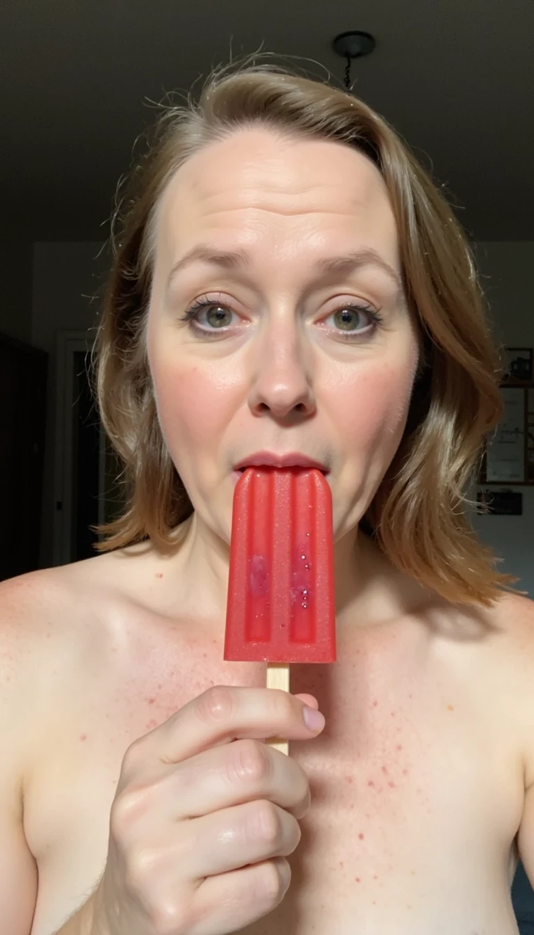 photo of CSTMDL, licking red popsicle, show tongue.  Remove wrinkles on my face.  Shirtless