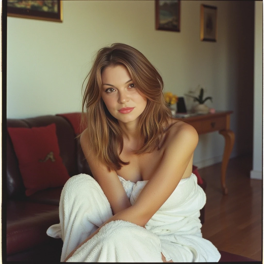 old school 1990s polaroid style, cute 19 year old  woman, soft light brown hair, skinny,petite, sitting on couch in living room, wrapped in towel fresh out of the shower