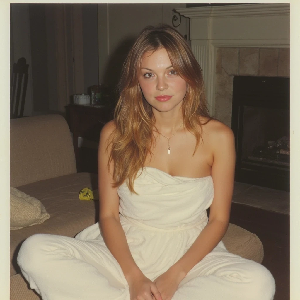 old school 1990s polaroid style, cute 19 year old  woman, soft light brown hair, skinny,petite, sitting on couch in living room, wrapped in towel fresh out of the shower