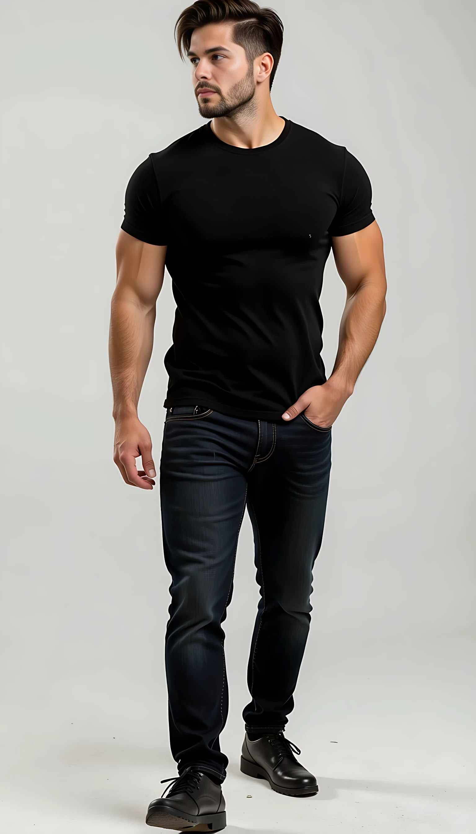 Create a character who exudes a commanding yet effortlessly relaxed presence. He is a tall, imposing figure standing at approximately 6'3" and weighing around 250 pounds of lean, well-defined muscle. At around 21 years old, his youthful vigor enhances his powerful physique, with broad shoulders and muscular arms accentuated by a fitted black T-shirt. His dark denim jeans hug his thighs, emphasizing his strong, athletic build, and he wears expensive, polished designer shoes—sleek and high-end, adding a touch of sophistication to his otherwise casual, laid-back style.
His dark brown hair is styled with a modern edge: trimmed shorter on the sides, with longer, tousled strands on top that fall in an intentionally unkempt, "just rolled out of bed" manner, giving him a rugged yet effortlessly attractive appearance that suits his youthful energy. His face is striking and completely clean-shaven, with no trace of facial hair, featuring a straight nose and a chiseled, smooth jawline that occasionally twitches with a subtle tic, hinting at an underlying intensity or restlessness beneath his cool exterior. His most captivating feature is his vibrant green eyes, so vivid and intense they seem to hold secrets, drawing attention with their depth and magnetic allure.
He moves with a confident, unhurried ease, as if he has all the time in the world to reach his destination, exuding a sense of self-assuredness and control. His overall demeanor blends youthful strength, mystery, and casual charm, with an air of someone who is both approachable and enigmatic, leaving others intrigued by the story behind his piercing green gaze and relaxed, confident stride.