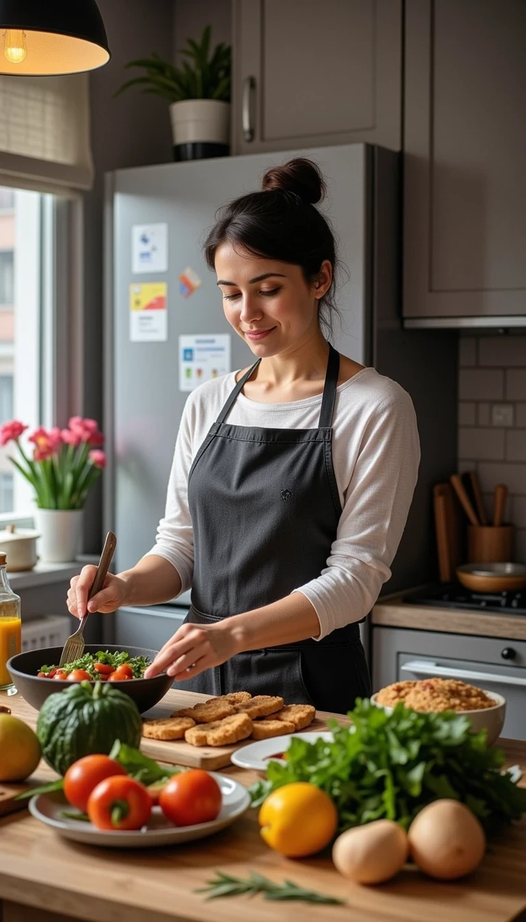photo of woman CSTMDL, cooking with small top and legins