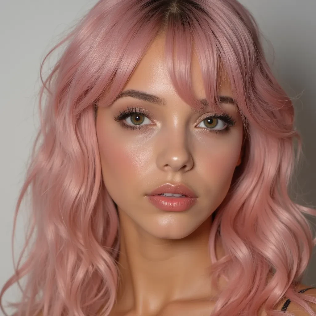 Ultra-realistic 18-24 year old girl with a soft, symmetrical face. Her irises are a light brown or hazel colour. She has a small, straight nose and full, naturally pink lips with a soft gloss. Her skin is smooth and light olive, with a flawless finish. She has long, wavy light pink hair with soft bangs framing her face, cascading down past her shoulders. Her expression is calm and slightly seductive, with a confident yet approachable vibe.