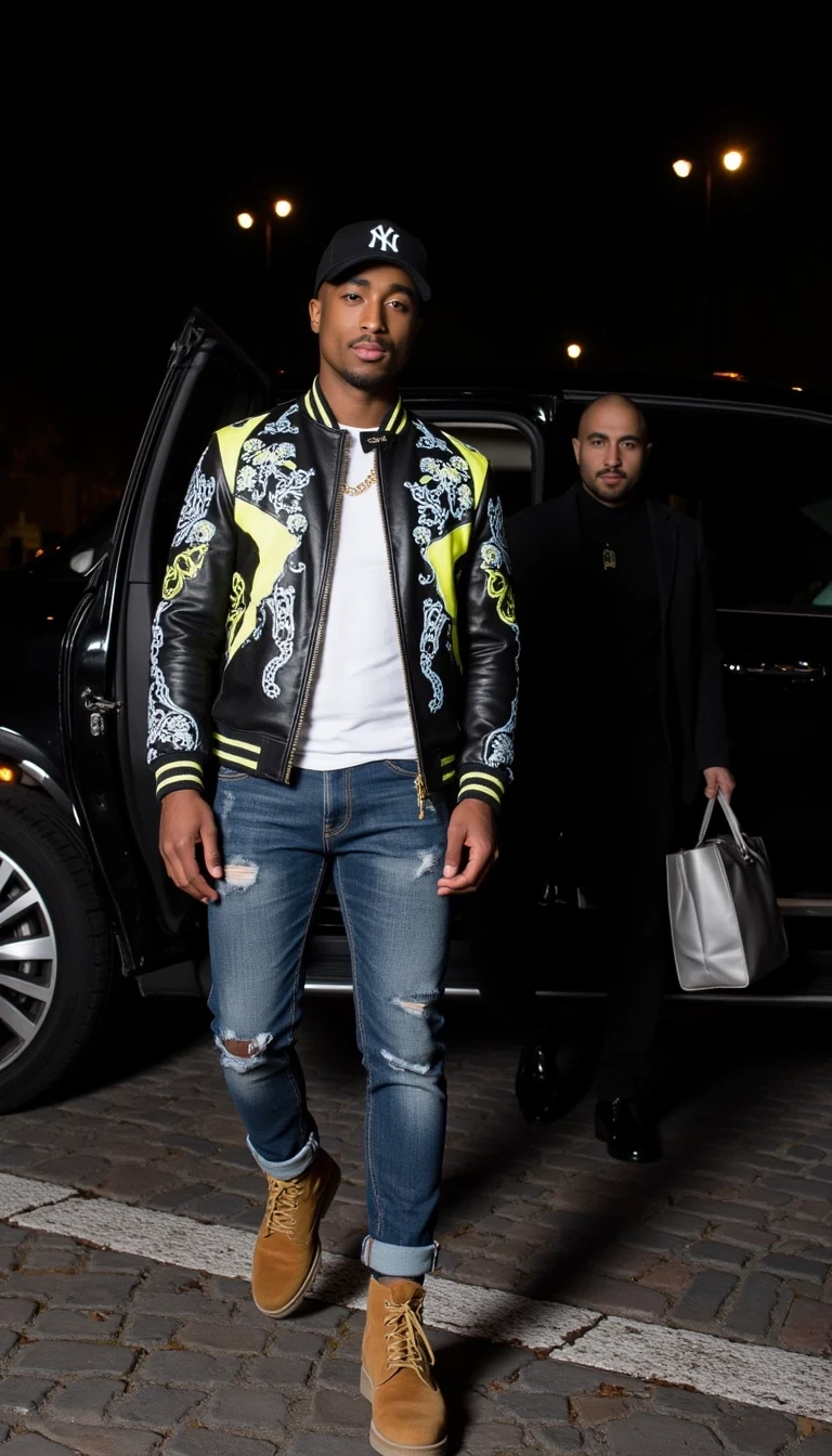 Ultra-realistic photo of cstmdl stepping out of a luxury black SUV at night in Paris, wearing a designer graffiti-style leather jacket with neon accents, rolled-up raw denim jeans, tan suede boots, and a New York Yankees cap. Paparazzi-style flash lighting creates dramatic shadows on the cobblestone street. A mysterious man stands behind him, dressed in all black with a silver handbag. Moody city street lights in the background, luxury nightlife vibes. Captured with a Sony A7R V + 85mm f/1.2 GM lens, ultra-sharp detail, soft depth of field, natural skin texture, vibrant fashion highlights, low-light night scene, editorial style photography.