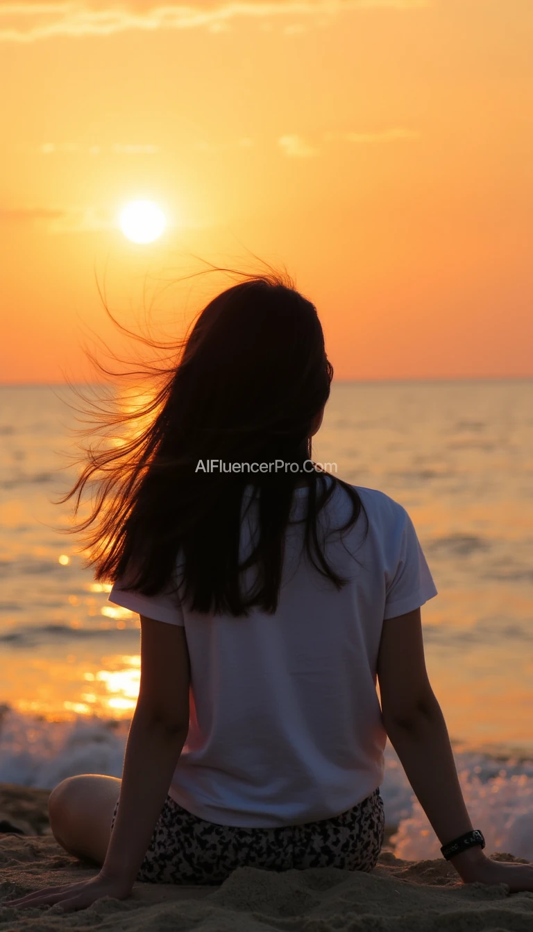 An Asian girl sitting at the beach looking at the sunset. Her hairs are flowing with smooth air.