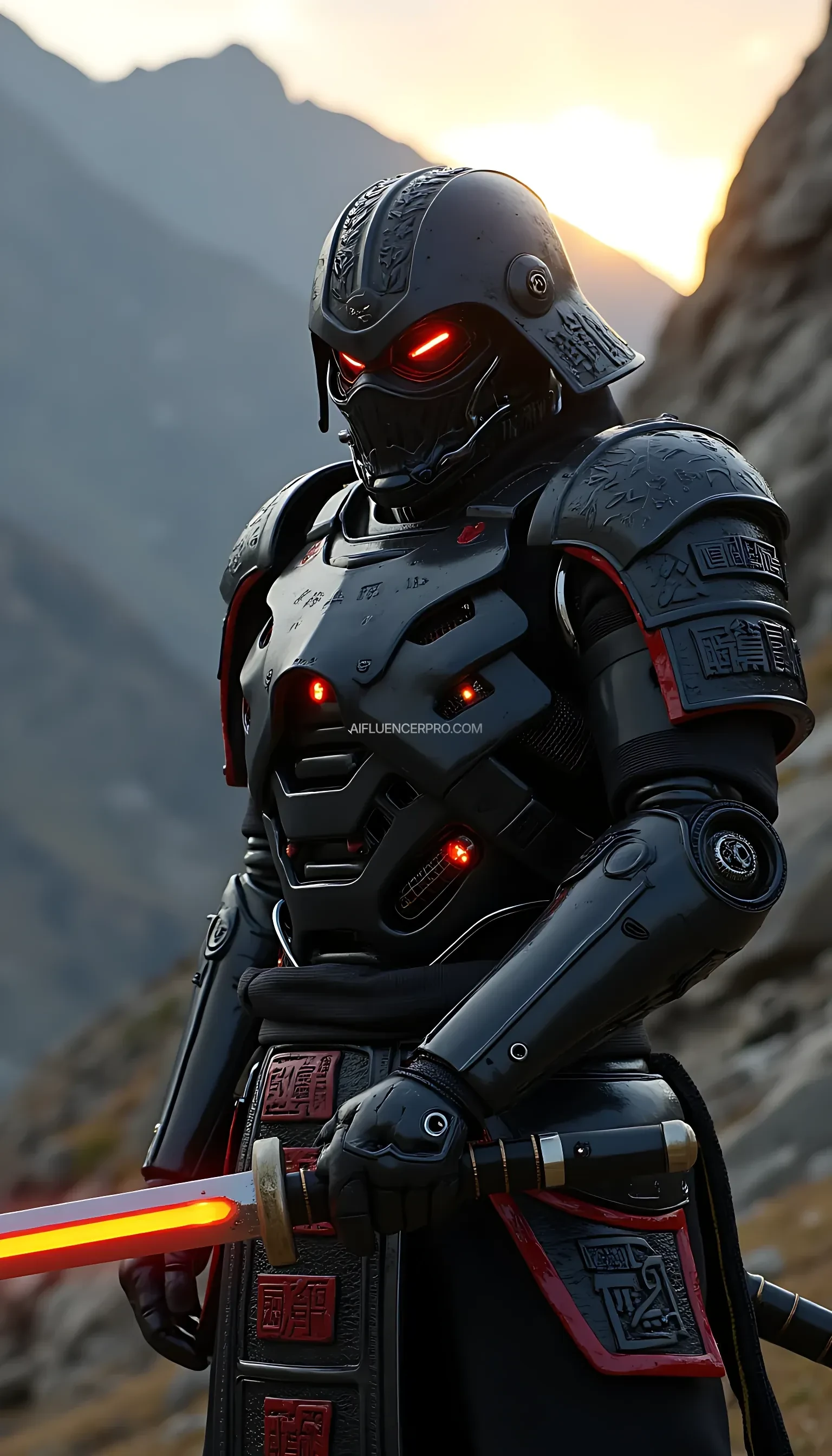 a futuristic male samurai robot character with an incredibly cool, photorealistic, and cinematic style. His robust robotic body is made of matte black metal with dark red accents, emphasizing strength and resilience. He wields a high-tech katana with a neon orange glowing blade, exuding an aura of danger and mastery in combat. His face is partially concealed beneath a futuristic metallic samurai cap adorned with ancient Japanese engravings, while his glowing red eyes convey power and determination. His shoulders are equipped with large protective armor featuring a blend of traditional design and modern technology. The background is a rocky mountain valley illuminated by sunset light and thick mist, creating a cinematic atmosphere full of action and mystery.