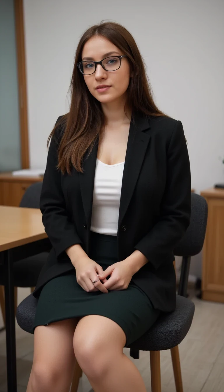  Sitting Front View wearing a pencil skirt with a blazer and a shirt, teaching in front of the class wearing stylish glasses