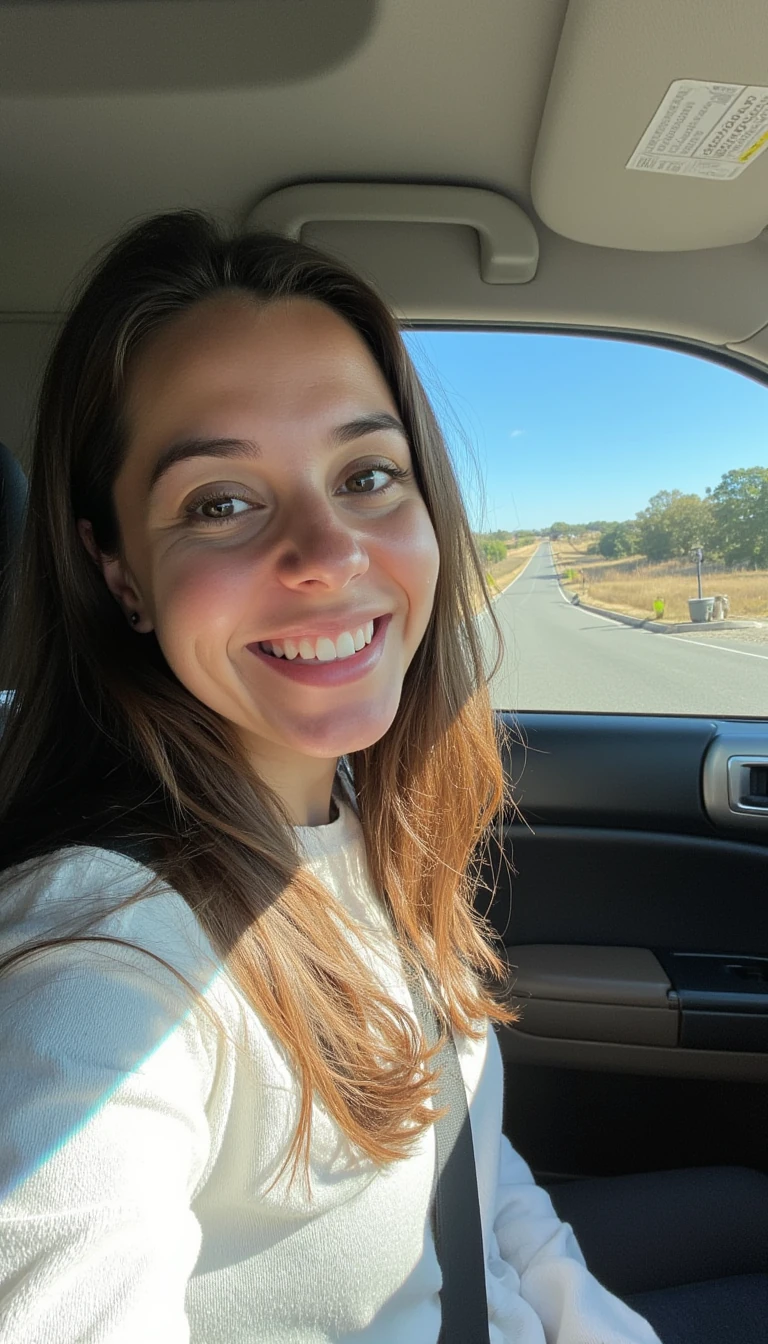 boring low quality snapchat photo circa 2015, A young woman with a warm smile, sitting in the driver's seat of a cozy car. She has soft, wavy brown hair cascading past her shoulders. The sunlight streams through the window, casting a gentle glow on her face. The interior of the car is neat and comfortable, with a coffee cup in the cup holder and a small plant on the dashboard. The background outside the window shows a scenic road lined with trees and blue skies