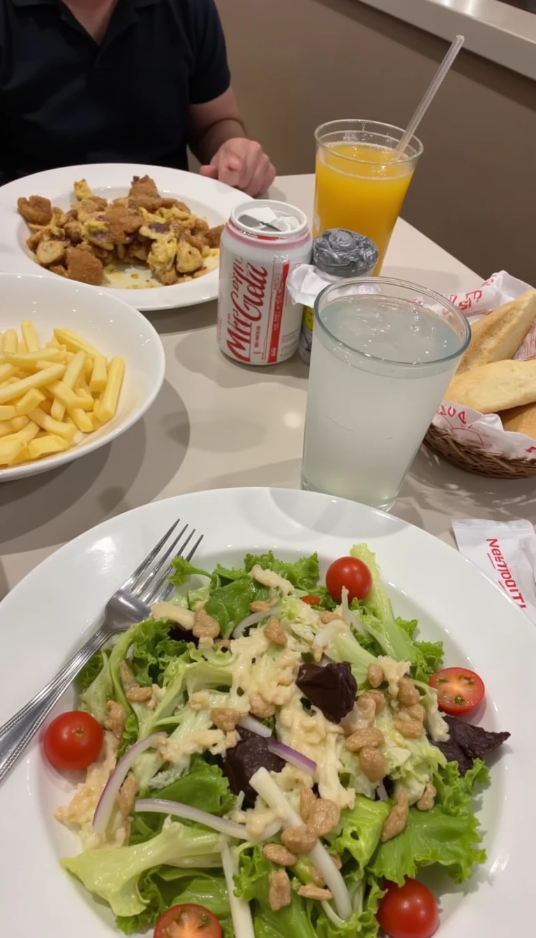 boring low quality snapchat photo circa 2015, this picture is being taken in a McDonalds. The picture is of large salad with a glass of water next to it. There are other food dishes and drink glasses on the table as well.  All the food dishes are white.