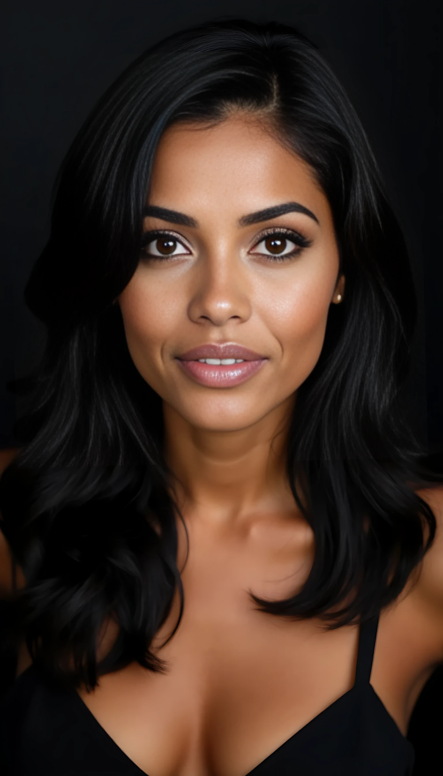 A portrait photo of a beautiful 43 years old model, mixed ethnicity of half white American half Brazilian, with jet black hair, deep brown eyes, ultra detailed eyes with sharp iris reflections, slight smile, studio-quality, extremely realistic HD