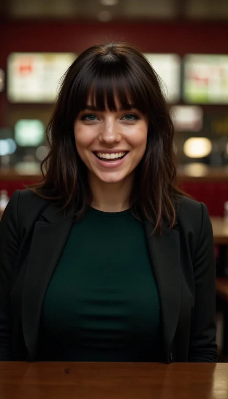Low quality photo of woman CSTMDL smiling widely Wearing a dark green dress and a oversized suit jacket around her shoulders
 messy hair sweaty worn makeup exhausted,sitting in crowded FastFood restaurant, night, bad lighting, 