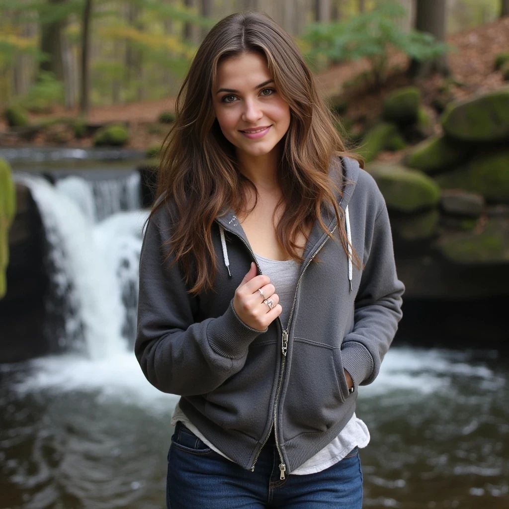 young 24 year old sexy Russian woman with brown hair and green eyes, big boobs, sexy ass, wearing tight jeans, a hoodie, posing in the woods next to a waterfall, has a warm smile