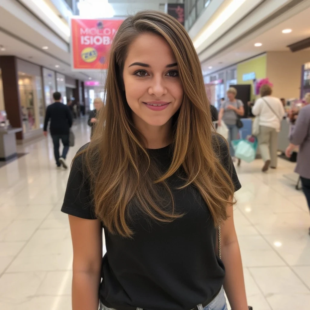 boring low quality snapchat photo circa 2015, average looking woman, full outfit, standing, soft light brown hair, mall background