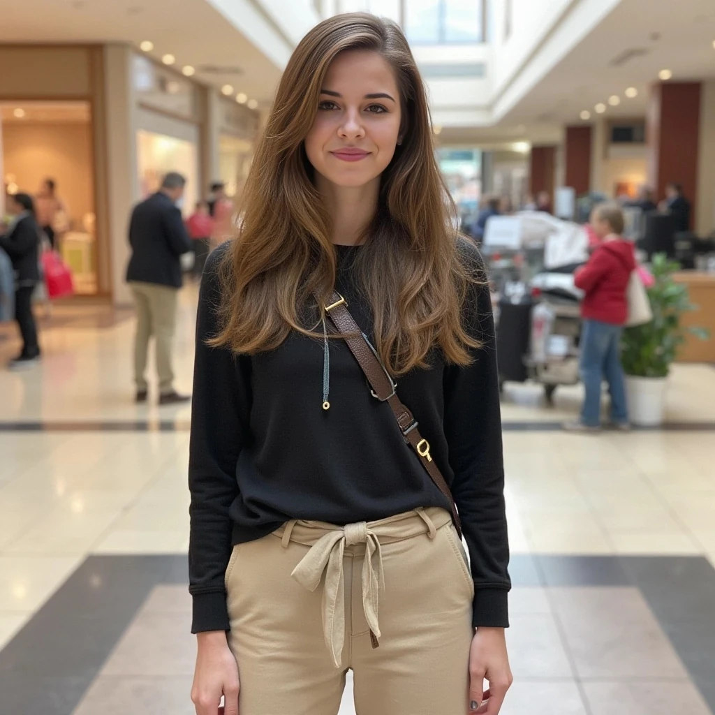 boring low quality snapchat photo circa 2015, average looking woman, full outfit, standing, soft light brown hair, mall background
