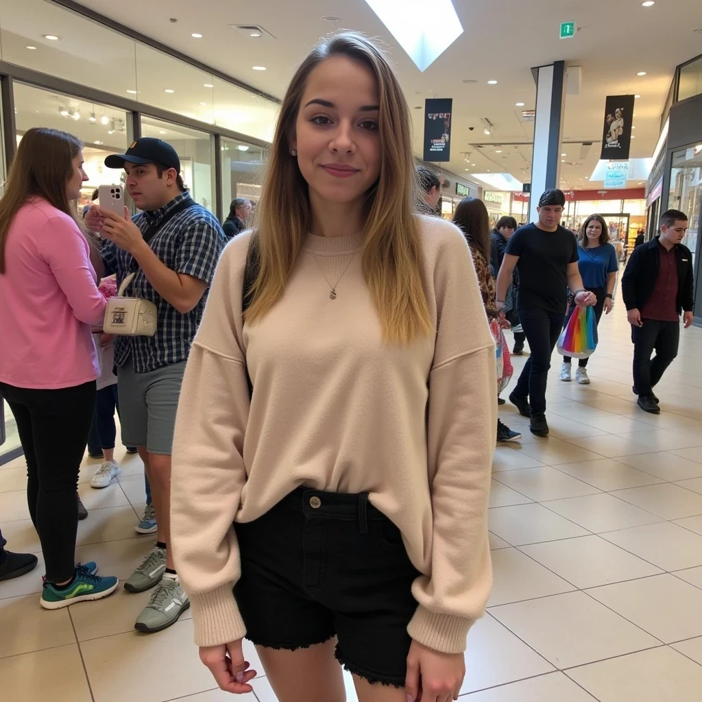 boring low quality snapchat photo circa 2015, average looking woman, full outfit, standing, soft light brown hair, mall background