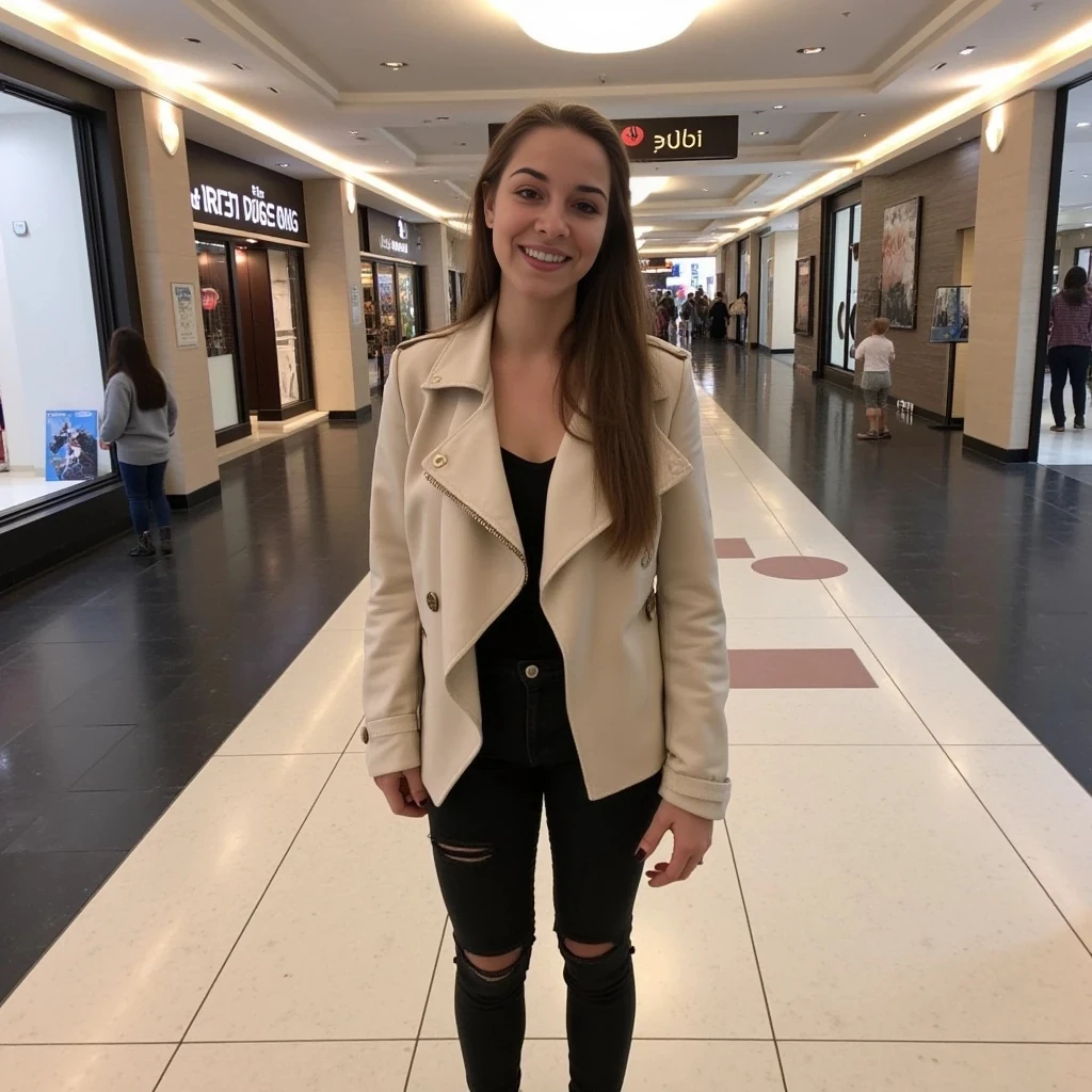 boring low quality snapchat photo circa 2015, average looking woman, full outfit, standing, soft light brown hair, mall background