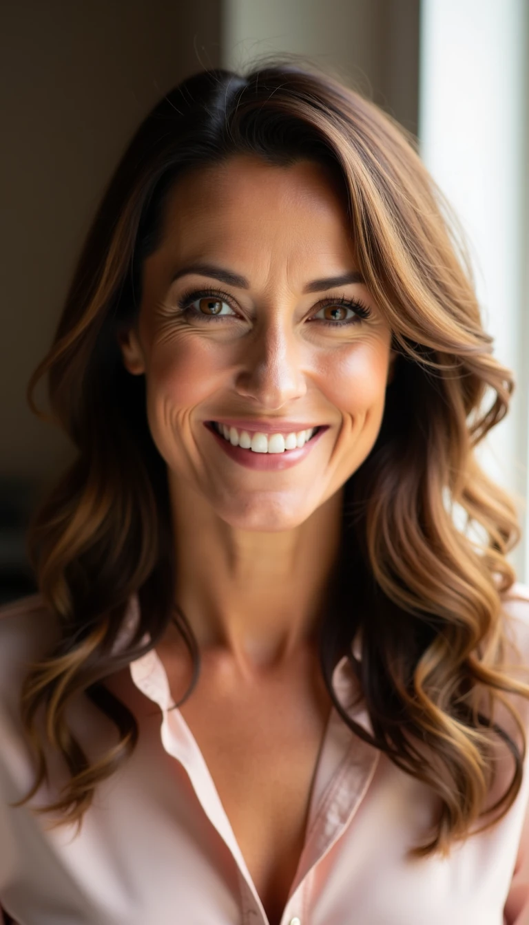 score_9, photorealistic portrait of a smiling mature woman, mid-forties, chestnut brown hair in loose waves, hazel eyes, light makeup, elegant blouse, warm daylight from window, lifestyle vibe