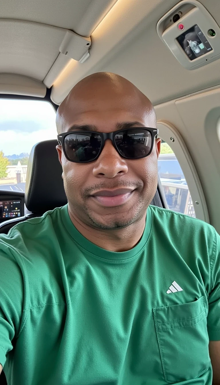 Reality filter , green t shirt, sunglasses,sitting in private jet, smiling and same face of Carter with bald head, real look, cstmdl