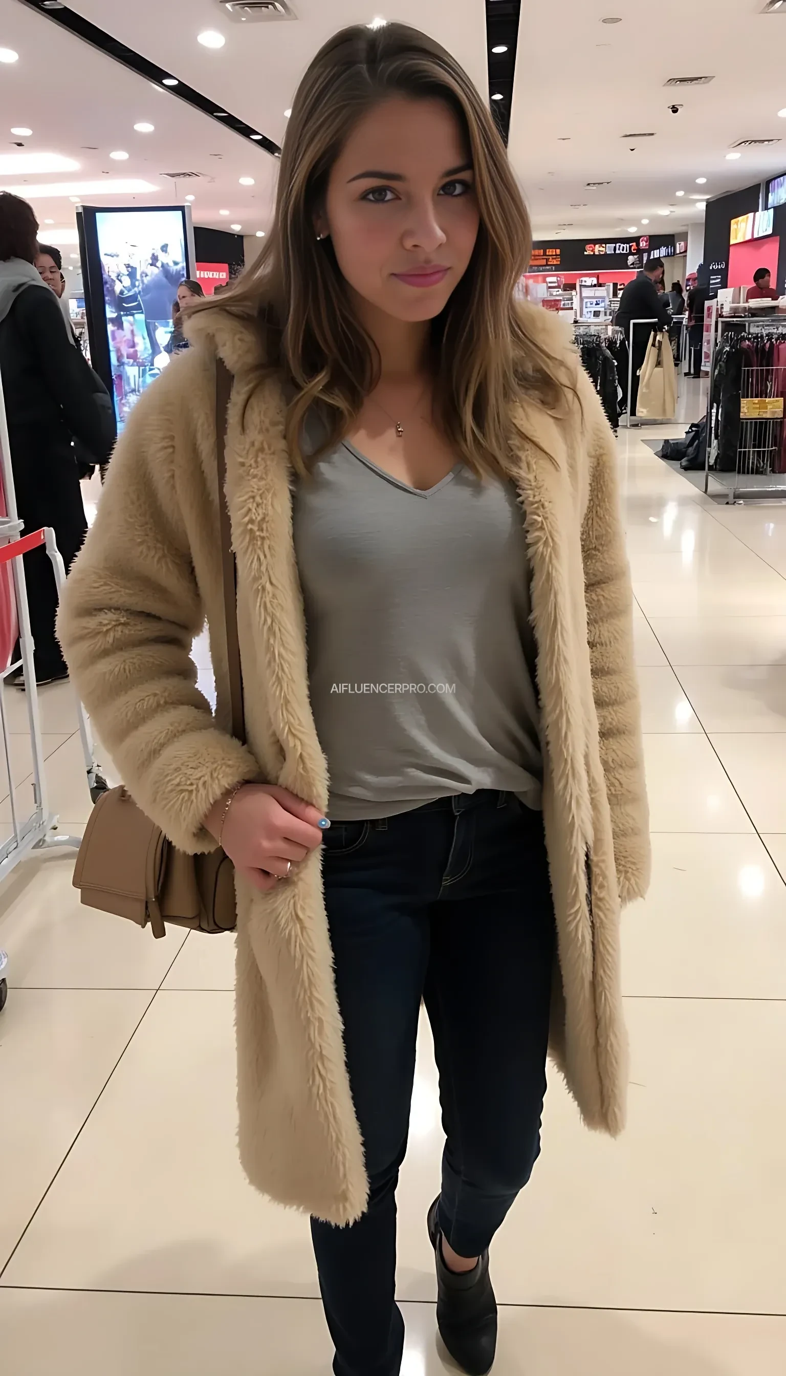 boring low quality snapchat photo circa 2015, cute woman, soft light brown hair, full outfit at shopping centre