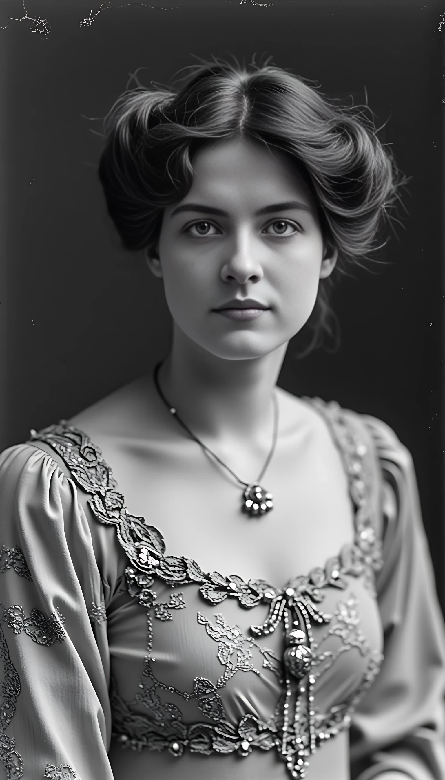 Black and white old worn photography of woman CSTMDL, brunette, ice blue eyes, cold smile. Thin and athletic body, with a flat stomach but plain and sexy feminine curves. 1900 gala robe, small pendant on a little lace and jewellery, 1900 classy haircut