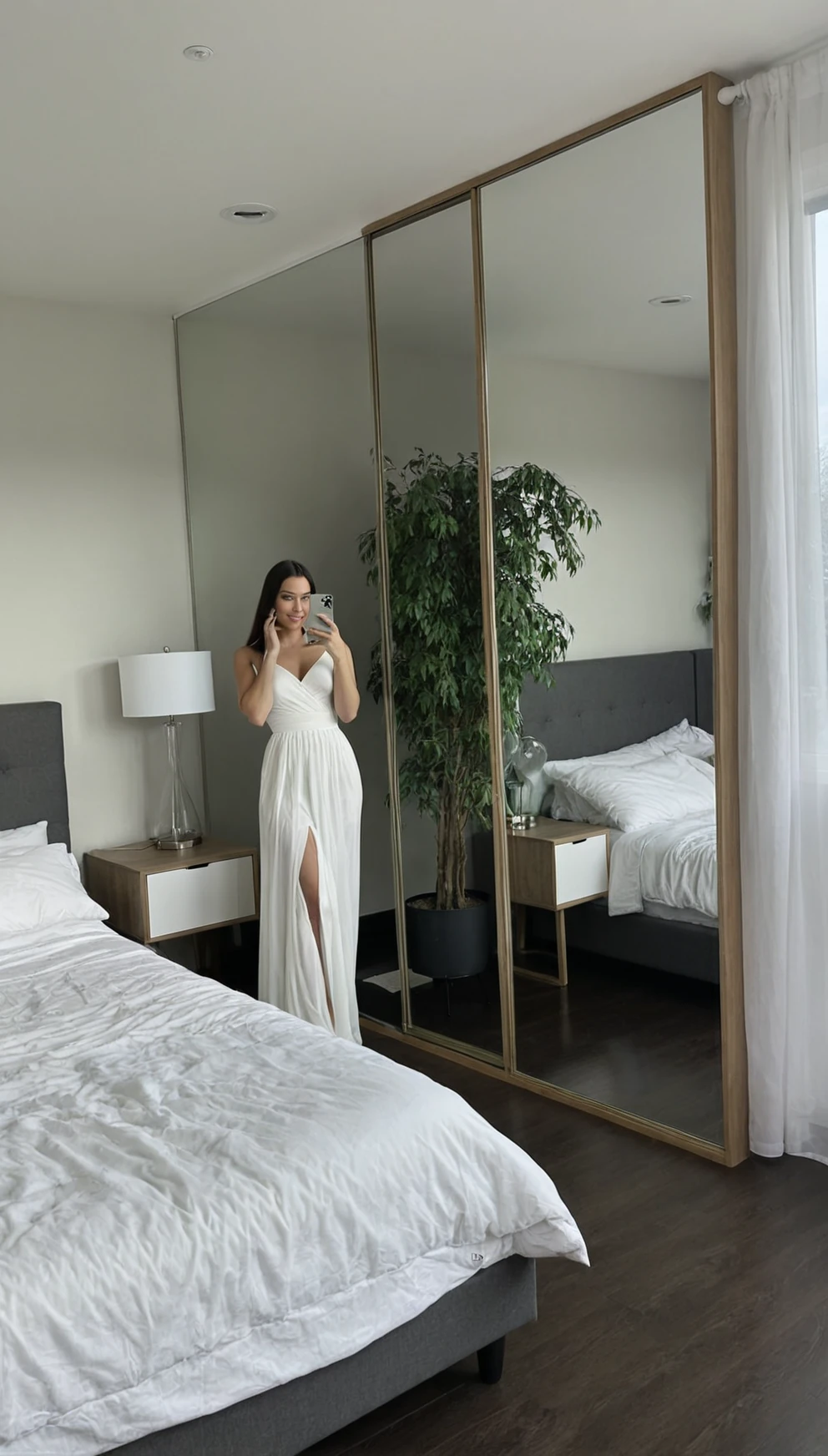 
She is wearing a long, form-fitting elegant dress that accentuates her figure. The woman is posed naturally, holding a smartphone in front of her, as if recording herself through a large mirror. The reflection captures both her front and a partial side angle, highlighting her confident and relaxed demeanor.

Set against a serene and modern bedroom scene focused on minimalist design. The white bedding, featuring slightly crumpled textures, invites a sense of coziness and softness. A sleek, contemporary bed frame is centered in the composition, enhancing the room’s simplicity. To the left, a stylish floor lamp casts a warm, inviting glow, creating gentle contrasts with soft, natural light filtering through sheer white curtains. The light plays delicately on the dark wooden floor, adding depth and warmth. A lush green potted plant introduces a splash of color and life, accentuating the tranquil ambiance. The overall color palette remains neutral, emphasizing calmness and relaxation. The scene evokes a peaceful retreat, ideal for unwinding after a long day. The composition balances symmetry and asymmetry effectively, with the bed as focal point and lamp and plant providing visual interest on either side. Lighting combines warm and natural elements to create an inviting atmosphere. Style references include modern minimalism and Scandinavian design, focusing on functionality and aesthetic beauty.