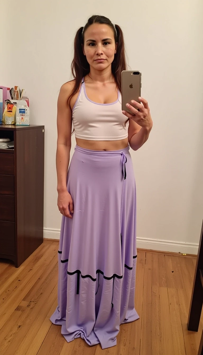 A full body selfie photo of CSTMDL a slim 35-year-old adult native American woman with light brown skin tone, she is facing and looking at the camera, she is posing seductively for the camera, she maintains intense eye contact with the camera at all times, she has cute pigtails, she is wearing a long contemporary native American ribbon skirt that has horizontal ribbons on the bottom of the skirt paired with a see through white tank top, realistic, no earrings, award winning photography, professional lighting, 