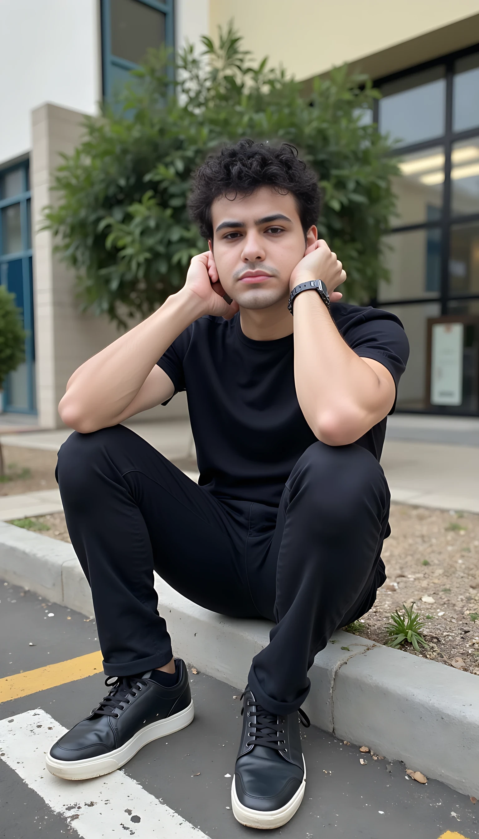 CSTMDL handsome 20 year old man A man sitting casually on a street curb, elbows on knees, casual outfit , minimal accessories, neutral facial expression, soft shadows, urban but calm vibe, hyper-realistic street texture