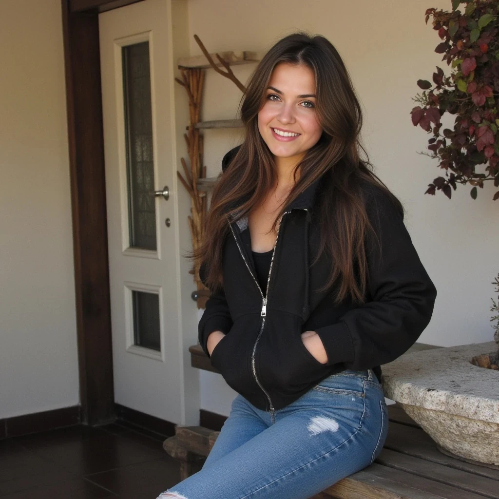 young 24 year old sexy Russian woman with brown hair and green eyes, big boobs, sexy ass, wearing tight jeans, a hoodie, has a warm smile, in a random place