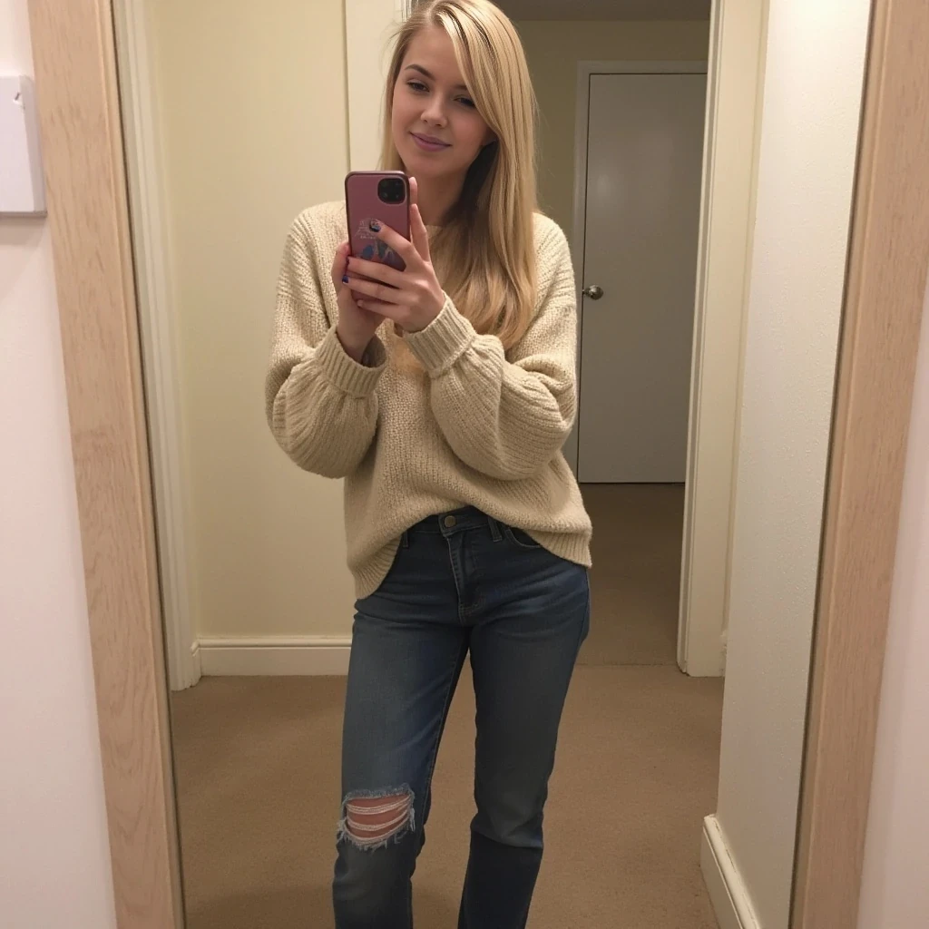 boring low quality snapchat photo circa 2015, cute woman, soft light blonde hair, full outfit