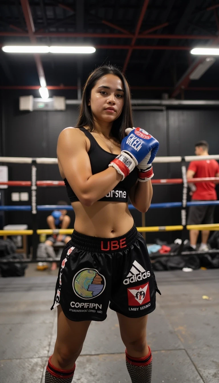 CSTMDL standing in the middle of a boxing gym wearing a Muay Thai outfit