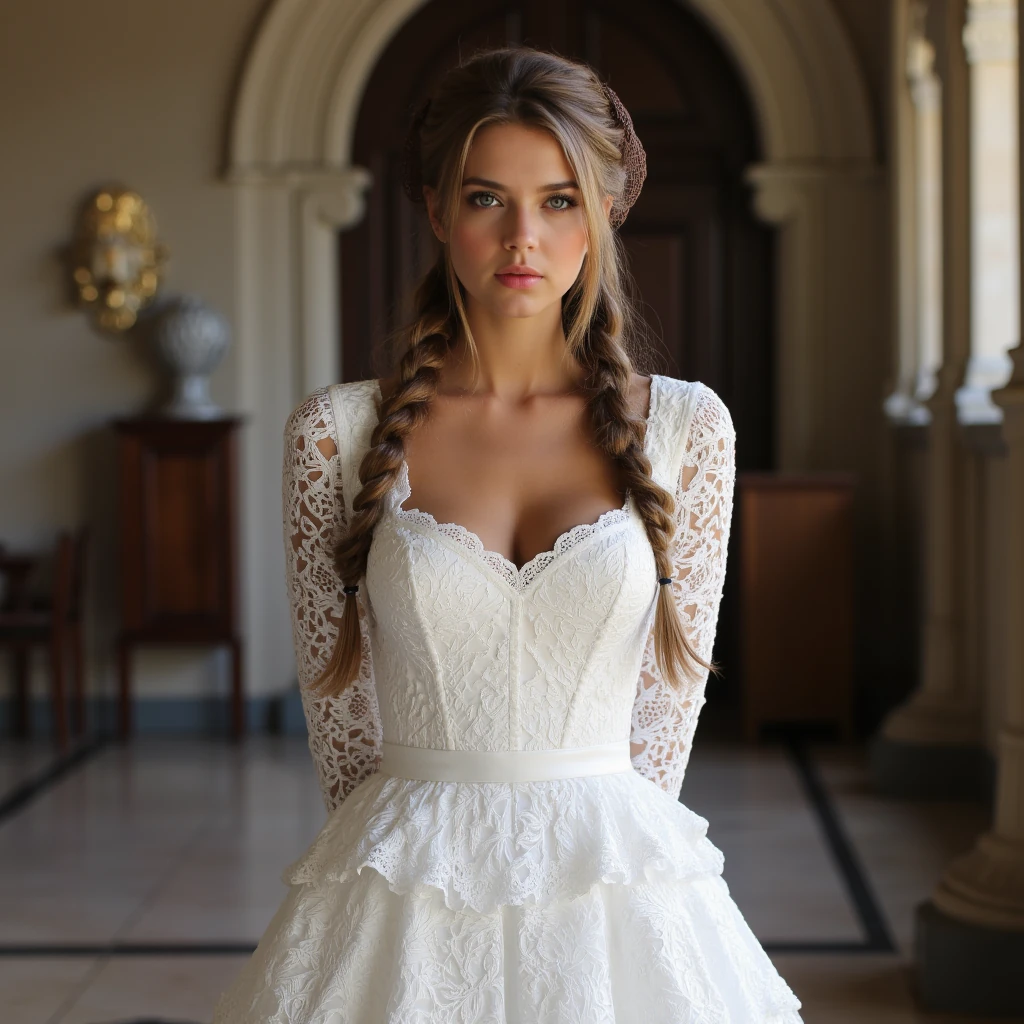 create an ultra-realistic full body image of a 19 year old Serbian woman with a stunning hourglass figure: slim, curvy, and beautiful, featuring a flat tummy, big hips, and a perfect, perky chest. Her skin is tan, She stands at 5'9", embodying the epitome of allure and charm with her sharp Slavic facial features. Her captivating baby blue eyes and long, light baby brown hair enhance her mesmerizing presence. Dressed in a elegant white laced long sleeve dress in a beautiful cathedral in vienna, austria. she has a brown mesh christian orthodox vail on her head. her hair is up in a beautiful braid. Her expression is one of confidence and allure, making her every man's dream girl. Focus on extreme realism, especially in her facial details. her hair is long almost reaching her hips in length she is holding her arms behind her back and is posing in an innocent yet sexy way.