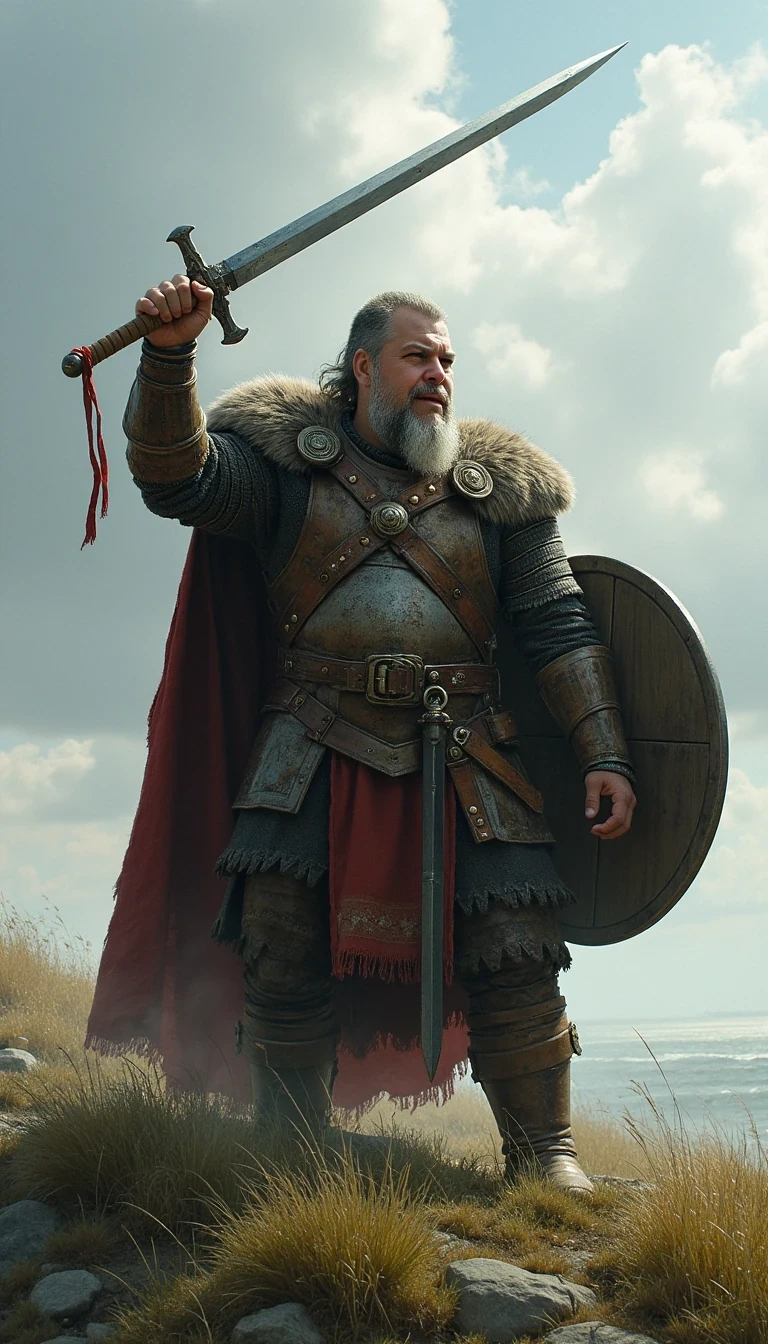CSTMDL as Viking with a sword and stylish armour standing on the grassi hill and hold the sword high over the head with the left hand, he cry loud out , in his right hand he hold a big shield
