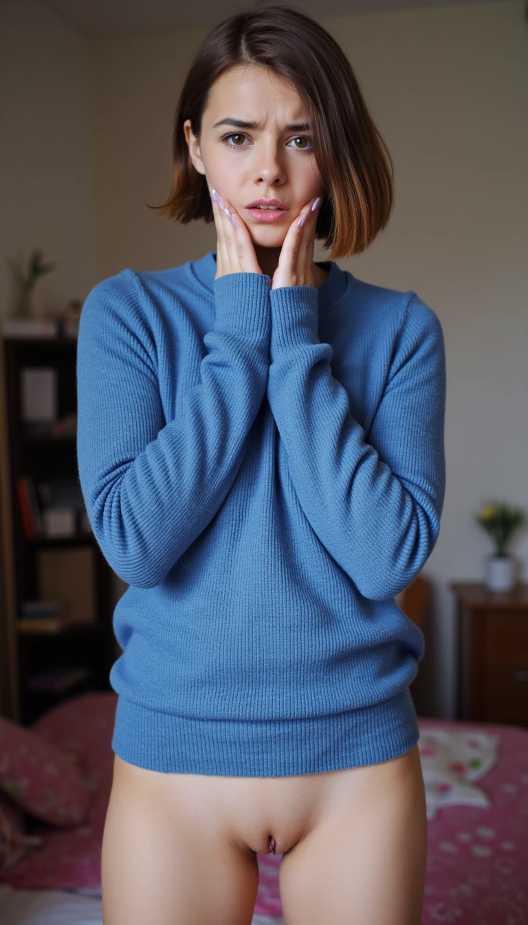 Photograph of a cute young, light-skinned woman with short brown hair, wearing a blue woollen sweater and no pants, standing in a cluttered bedroom. The sleeves of her sweater cover most of her hands. She is 19 years old. She looks shy and embarrassed.  She looks ashamed. She has pubic hair.