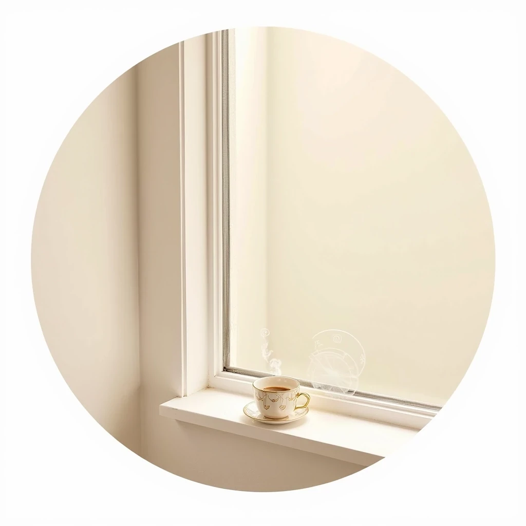 Minimalistic circular icon in soft beige tones, featuring a delicate line-art style drawing of a steaming coffee cup on a windowsill, with faint early morning sunlight casting soft shadows. Elegant, feminine aesthetic with warm, cozy vibes. White or gold line detailing, no text, transparent background. Instagram highlight icon style.