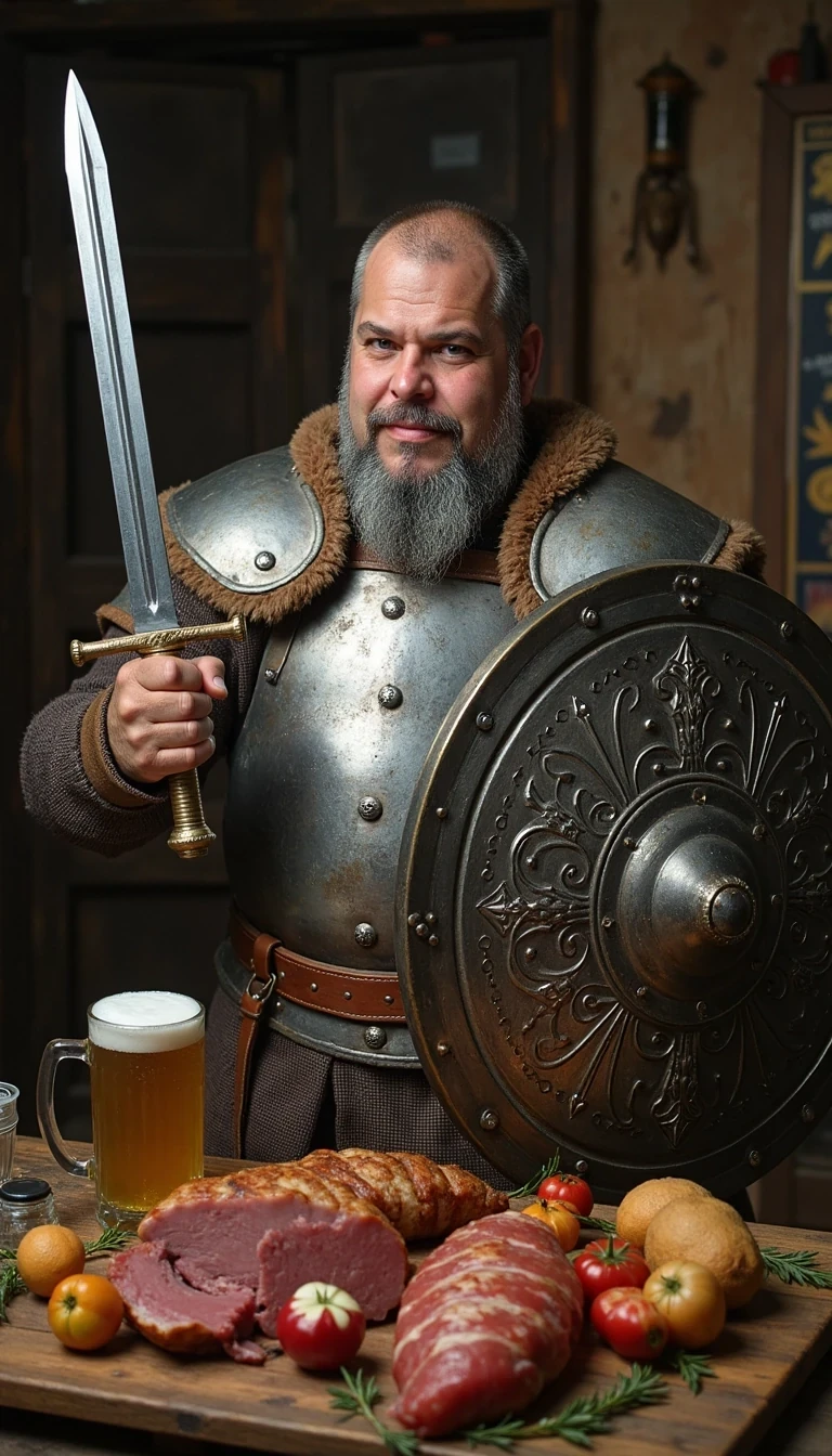 CSTMDL as grey bearded Viking with a viking sword and stylish viking silver shiny Plate armour , standing beside a table full of meat , beer and wine , and he hold a full of beer viking mug forward with the left hand,  in his right hand he hold high a typically fine ornated metal Viking shield 
